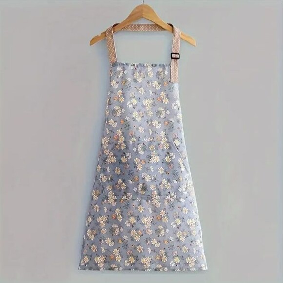 Floral Linen Apron w/ Pockets Adjustable neck strap ties in back 27in in length - Picture 1 of 1